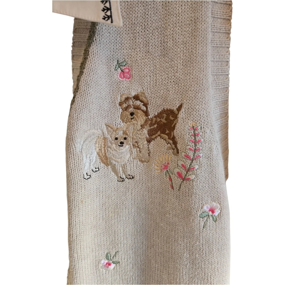 Vintage Embroidered Beige Cardigan Knit Sweater Vest with Dog Embroidered Blouse - Picture 6 of 9